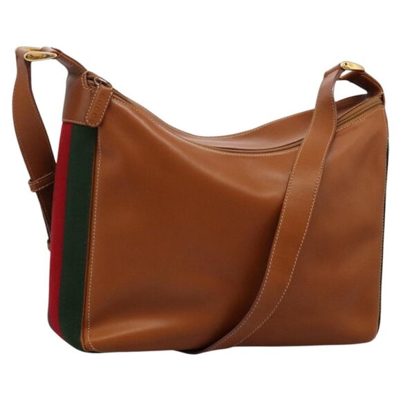 GUCCI Web Sherry Line Shoulder Bag Leather Brown Red Green Auth - Picture 1 of 15